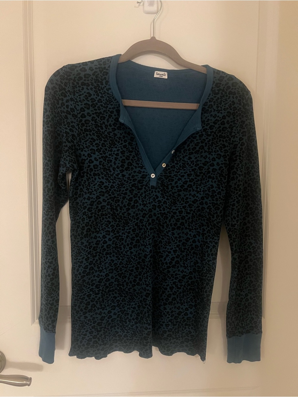 Splendid Teal Leopard Thermal Henley Sweater